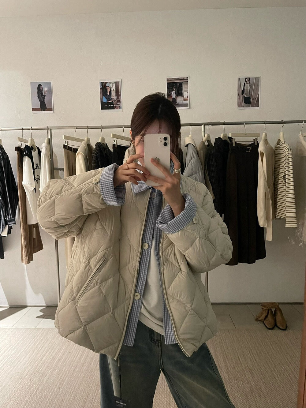 // 特別款菱格90%duck down拼接假兩件外套