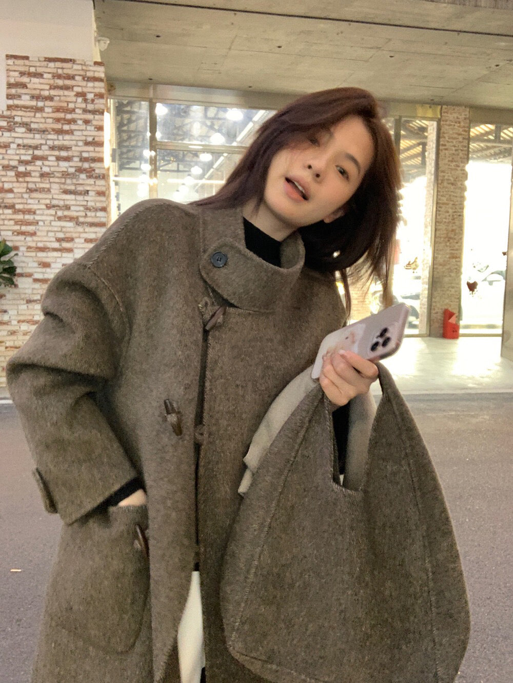 // 90%wool氣質立領長款手工羊毛外套(連袋仔)