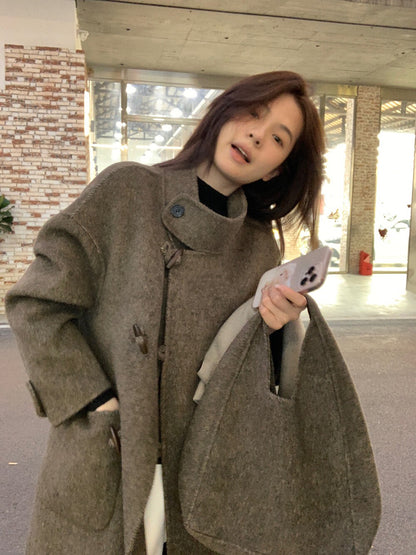 // 90%wool氣質立領長款手工羊毛外套(連袋仔)