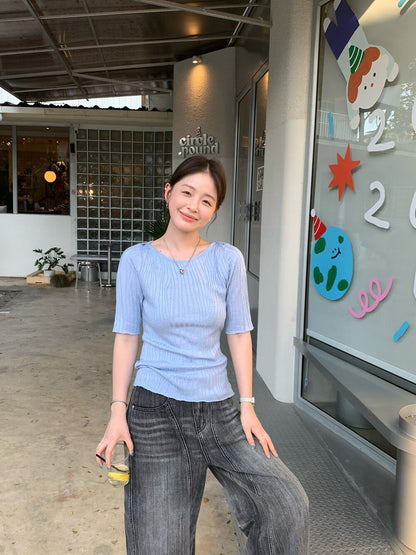🌵 肌理感樹紋修肩彈性針織上衣