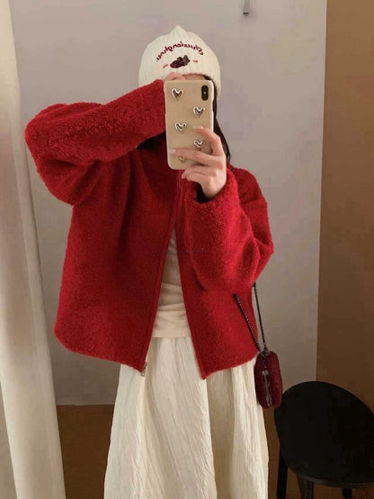 // 30%綿羊毛圈圈毛質感半領拉鍊CD