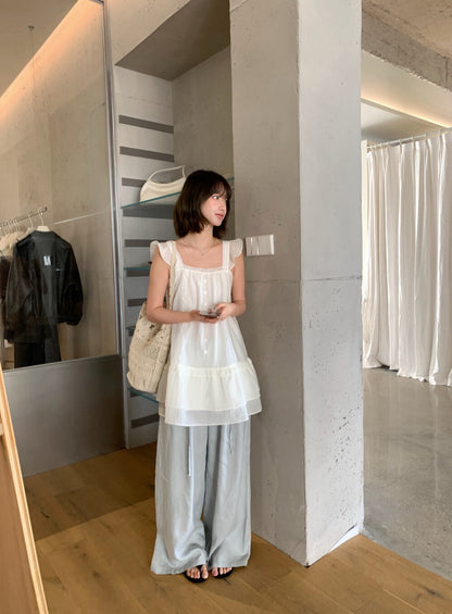 // 超美拼接lace鈕扣荷葉邊肩帶背心