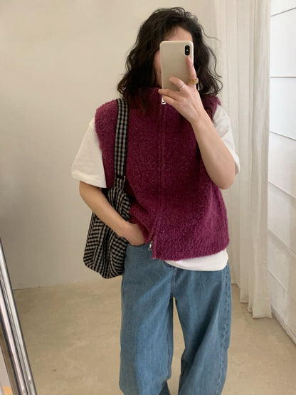 // 9%綿羊毛立領圈圈毛拉鍊背心