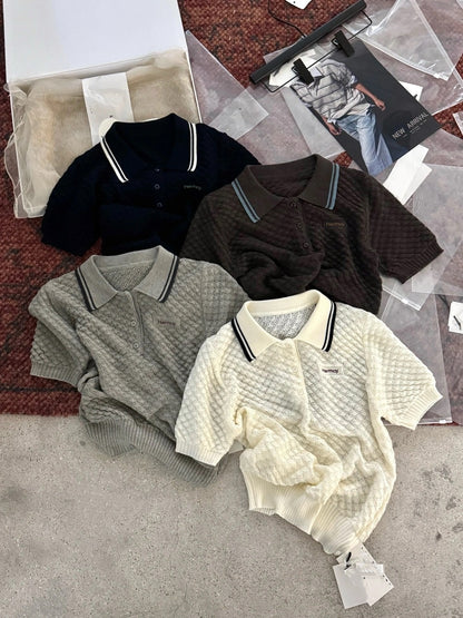 B64 / 鏤空肌理感小刺繡學院風短袖polo針織上衣