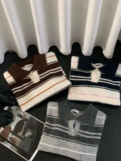 // 30%綿羊毛翻領拼色間條毛衣