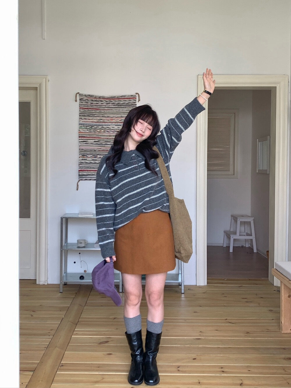 // 超軟糯miu風翻領間條毛衣