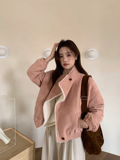 // 帥氣隨性領子皮毛一體麂皮絨外套