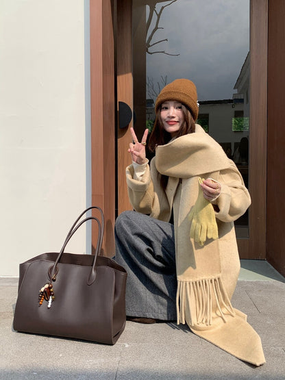 // 100%wool簡約圓領手工雙面長外套(連頸巾)