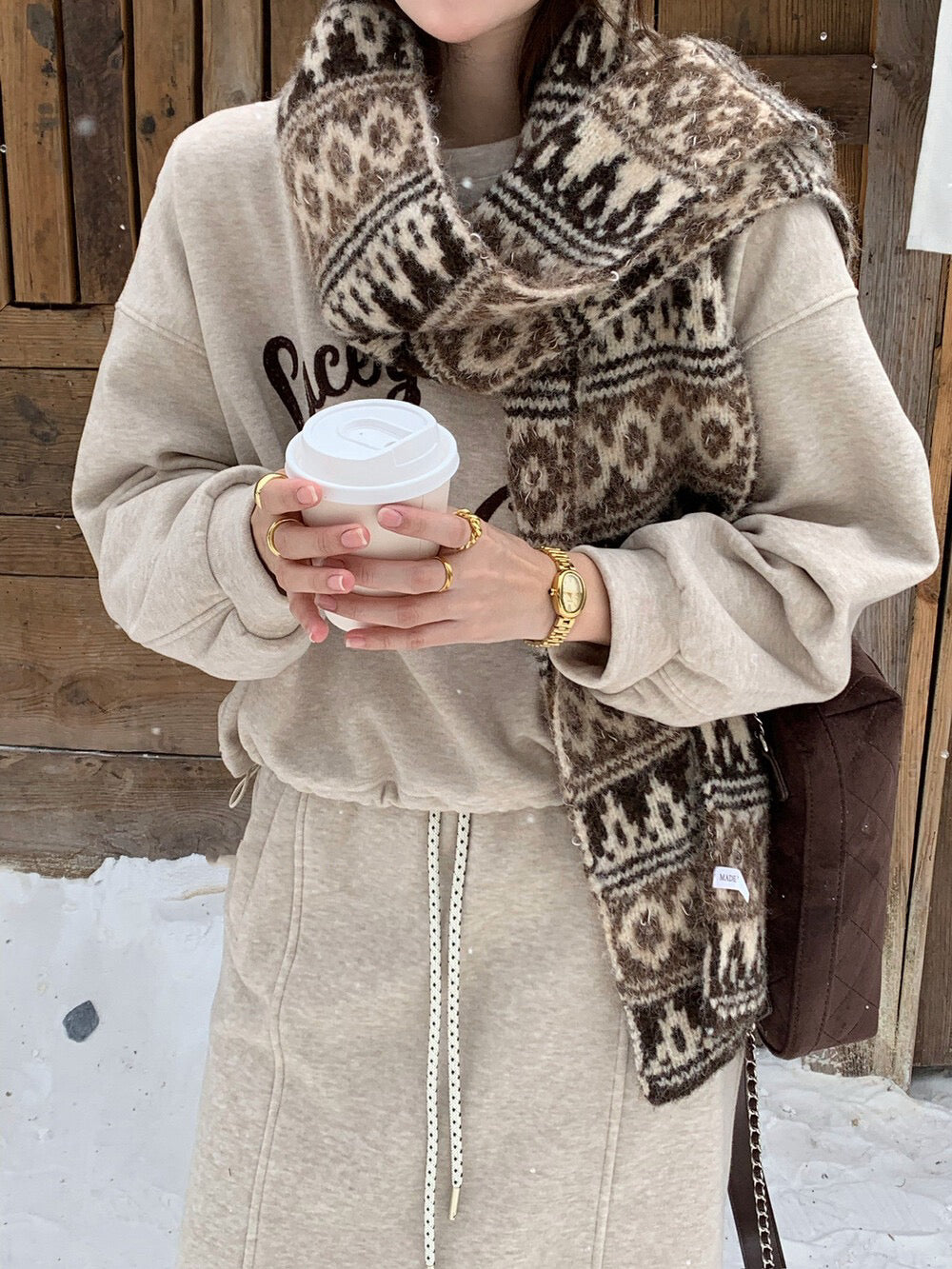 // 撞色刺繡字可束腳衛衣+中裙套裝(連頸巾)