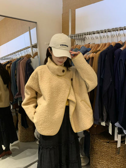 // 圈圈絨可立領中長外套