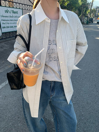 🦒 拼色領子棉麻間條恤衫