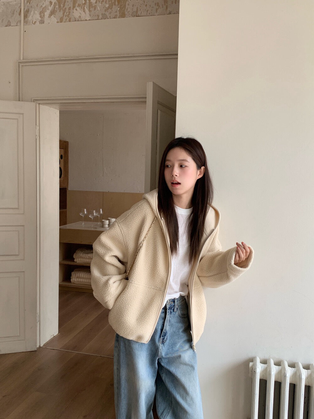 // 休閒感羊羔毛連帽外套