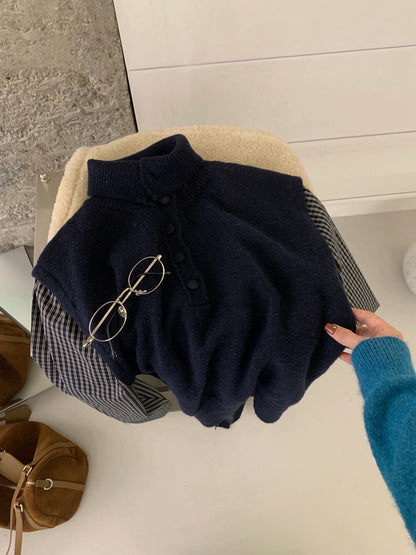 // 設計感假兩件拼格紋恤衫鈕扣高領NT