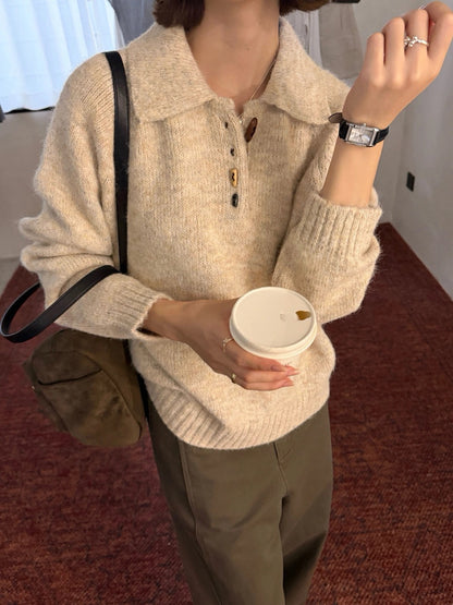 B247 / 特別鈕扣混針花色翻領針織毛衣