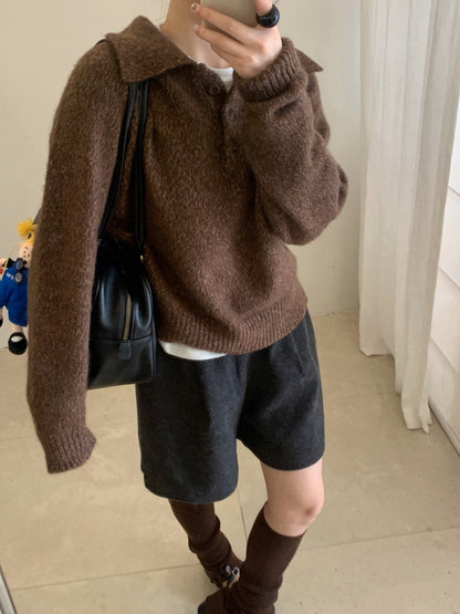 // 軟糯混兔毛花線鈕扣翻領毛衣