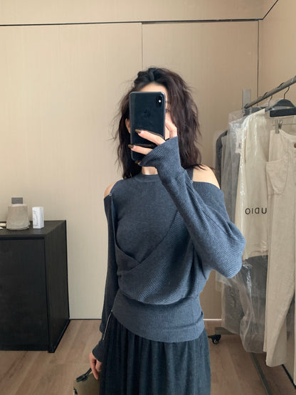 // 設計感交叉露肩針織上衣