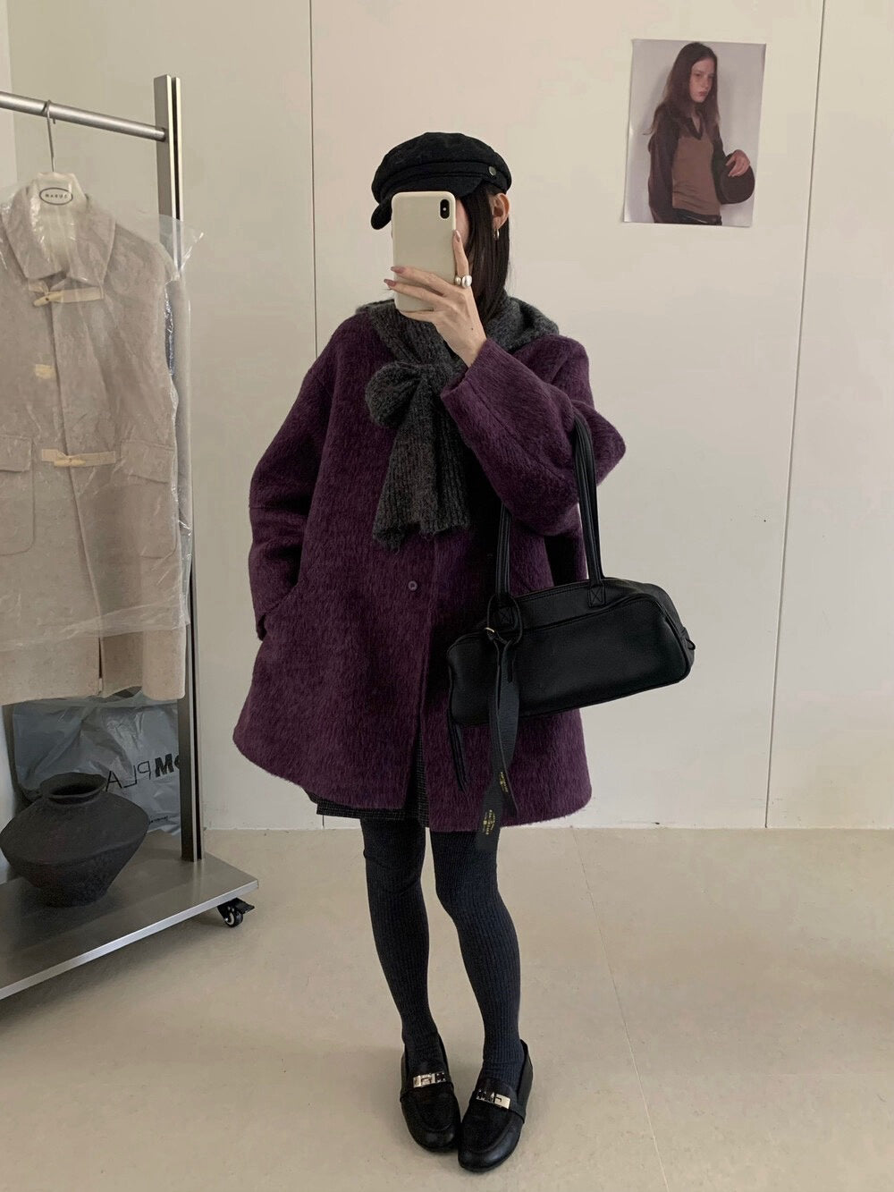 // 10%alpaca+90%wool簡約圓領手工外套(連頸巾)