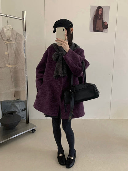 // 10%alpaca+90%wool簡約圓領手工外套(連頸巾)