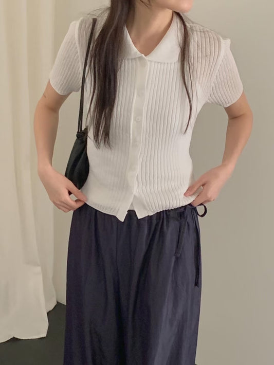 // 直坑紋翻領排扣針織上衣