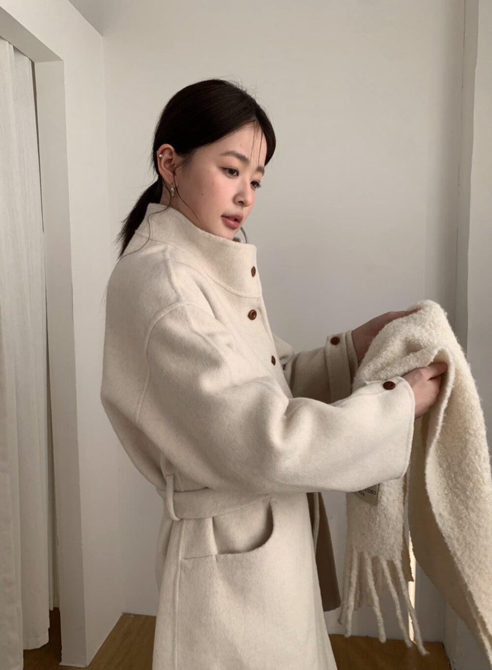 // 100%羊毛小立領排扣連腰帶雙面手工外套