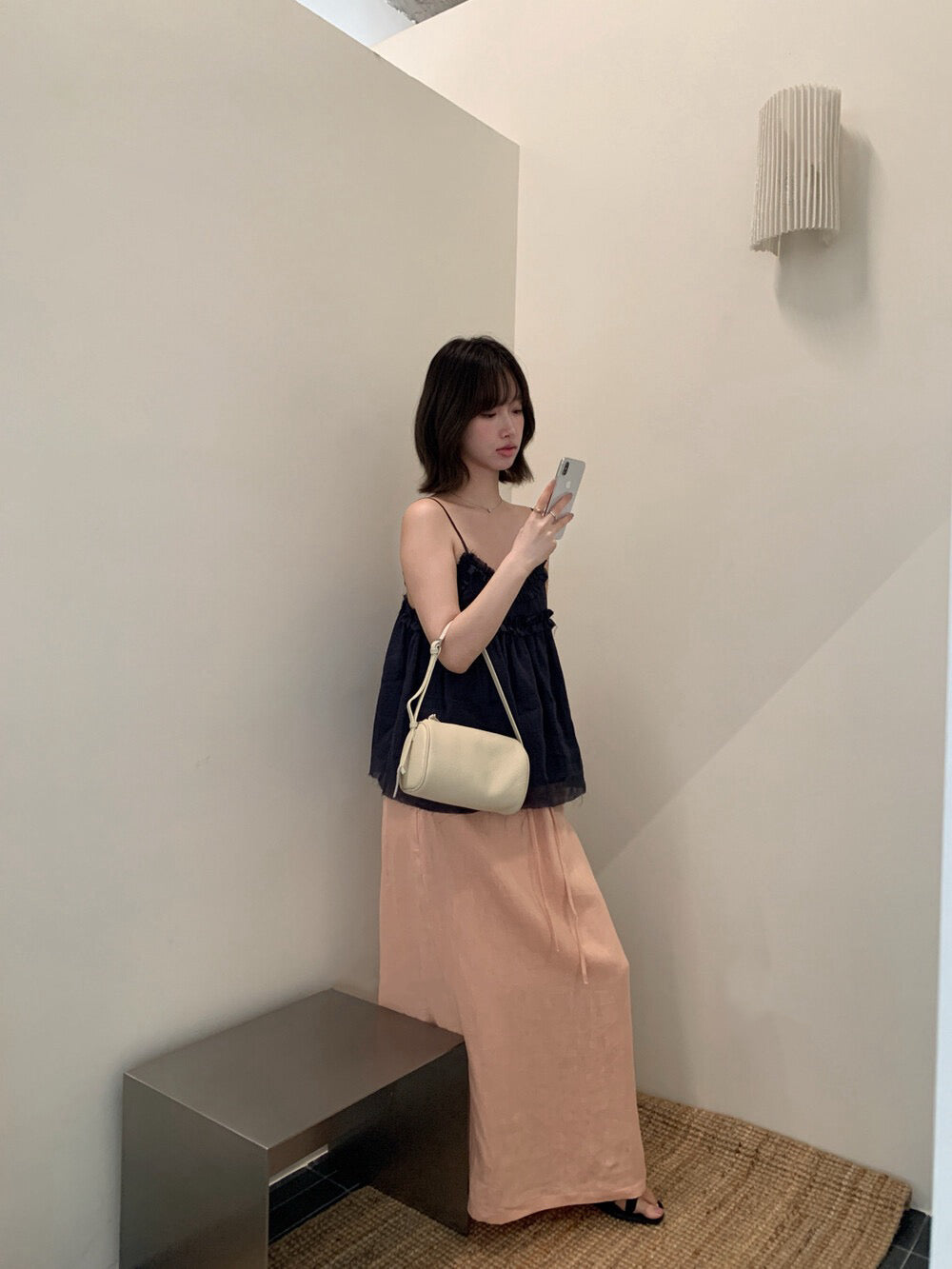 // 100%麻質後開叉綁帶腰SK