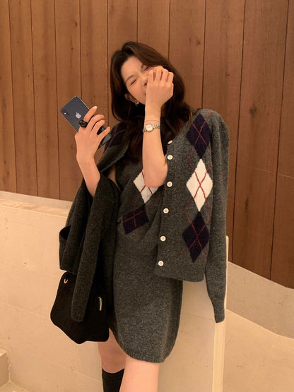 // 超氣質菱格紋背心+外套+短裙三件套