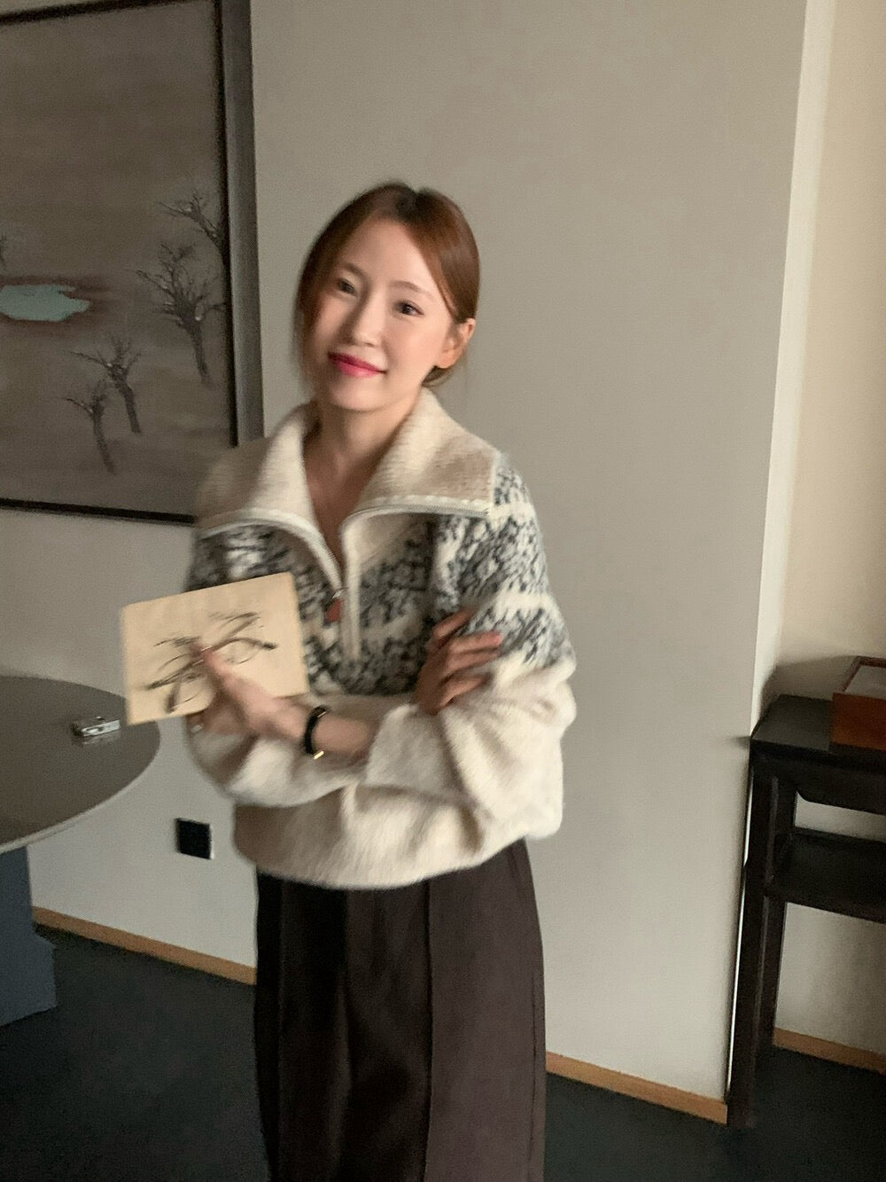 // 11%wool北歐風花紋半拉鍊可立領毛衣