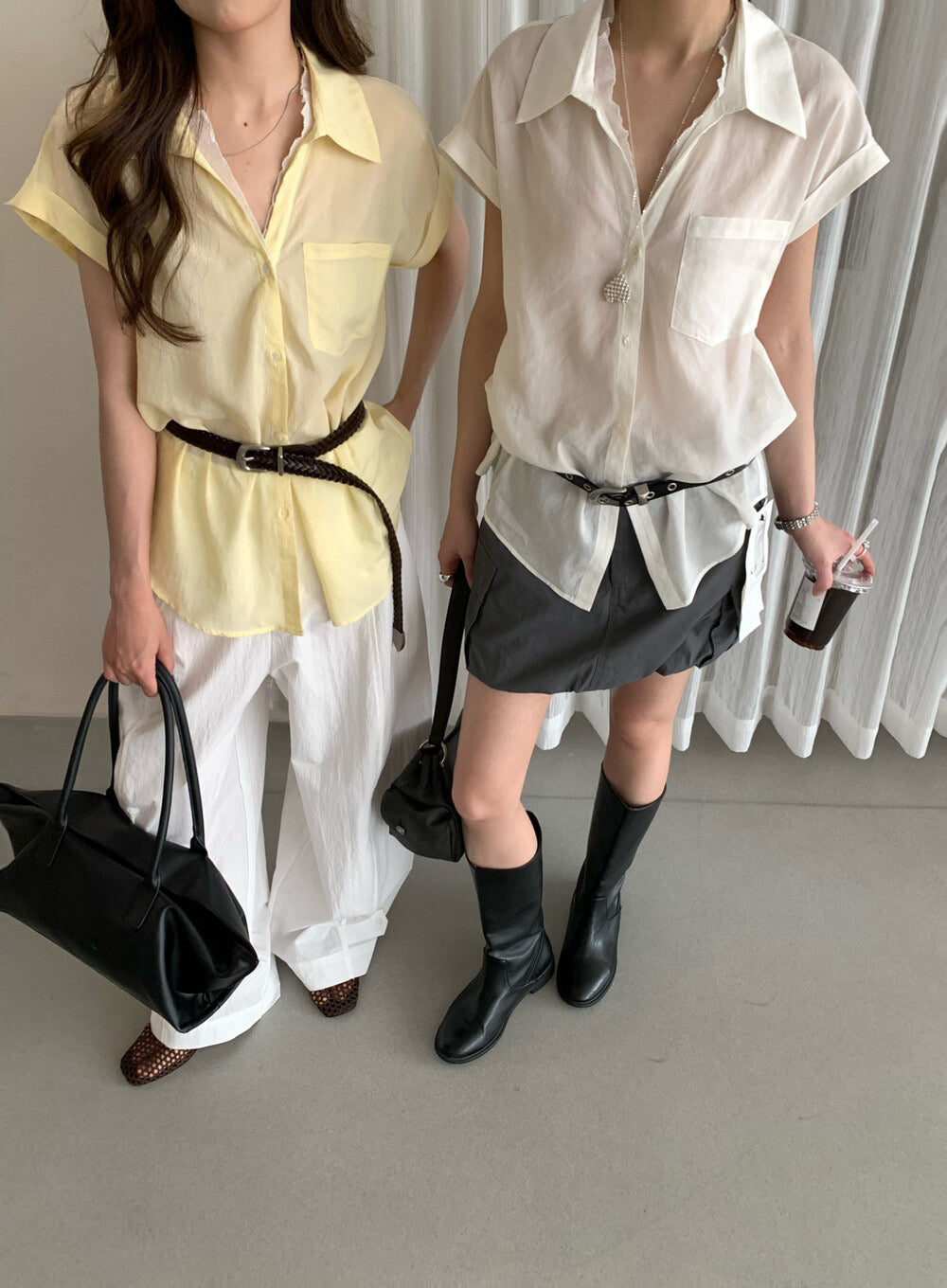 // 拼接褶褶lace邊小V翻領短袖SH