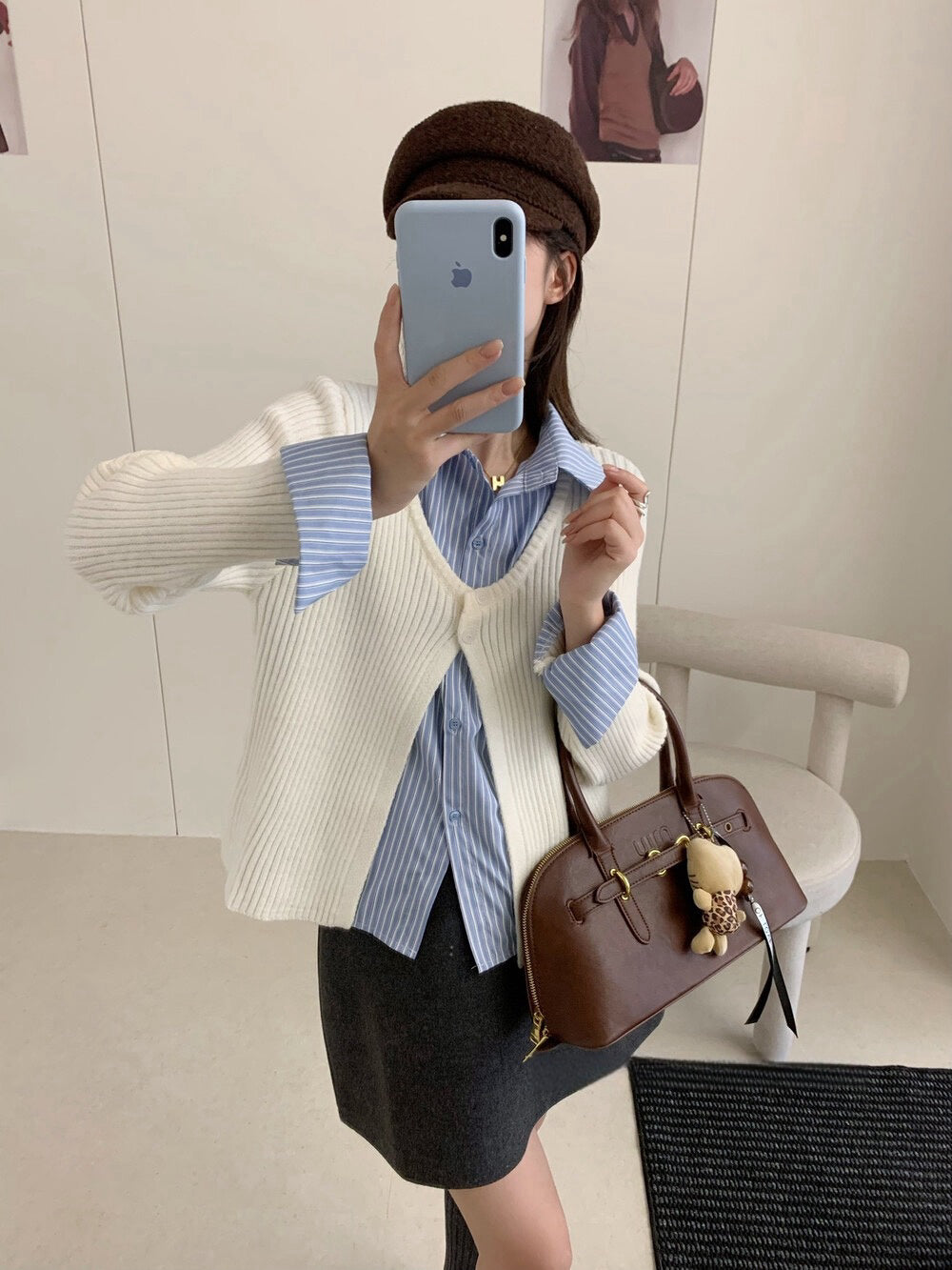 // 間條恤衫拼接針織外套假兩件上衣