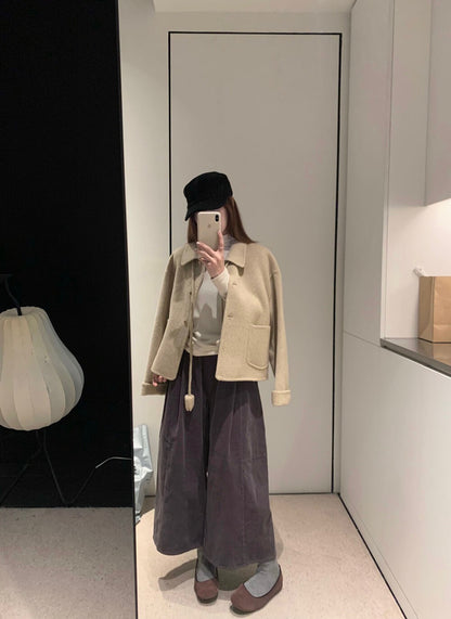 // 100%wool翻領雙口袋短款雙面手工羊毛外套(連頸繩掛飾)