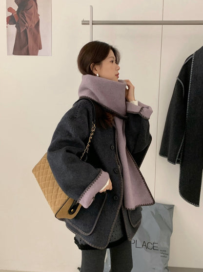 // 可雙面穿撞色縫邊70%羊毛外套(連頸巾)