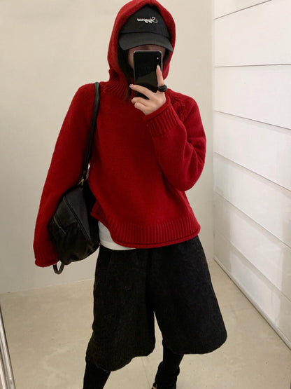 // 粗織紋領位連帽卷卷邊毛衣