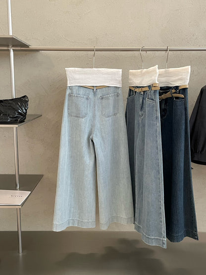 // 超舒服竹節棉軟身牛仔闊褲(連腰帶)