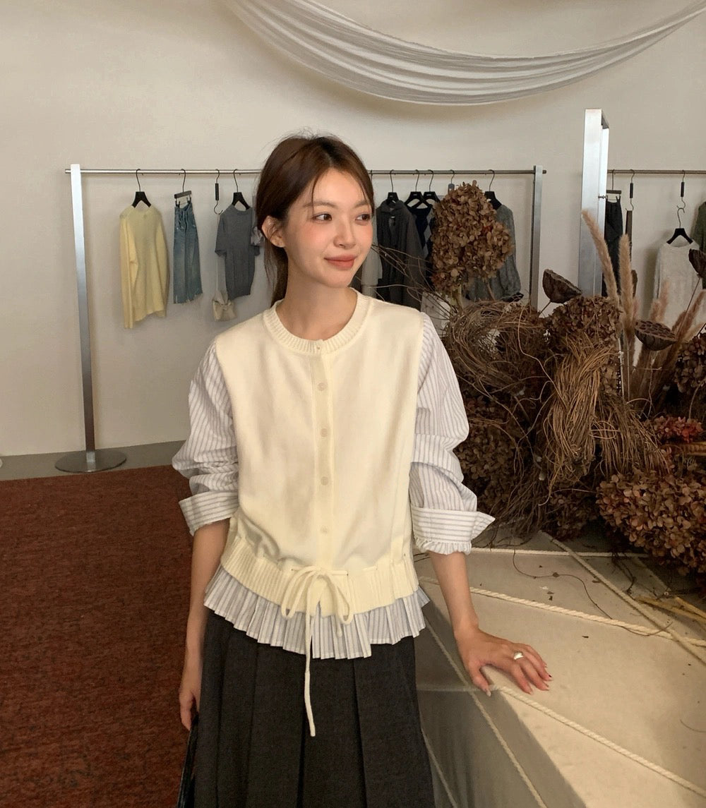 C28 / 假兩件拼接間條恤衫百褶腳針織外套