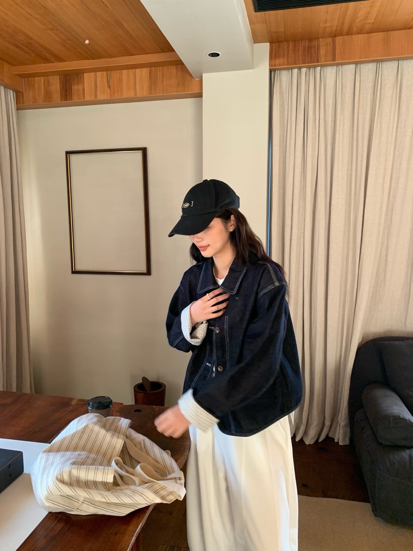 // 復古感明線格仔內裡拼接牛仔外套