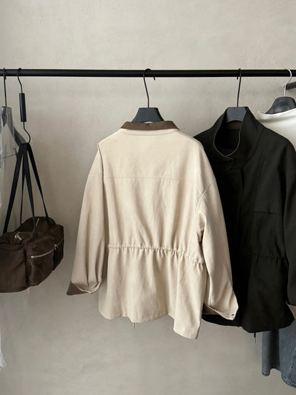 J29 / 美式復古拼燈芯絨領可束腰中長trench coat