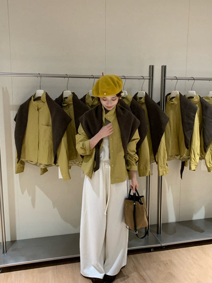 // 立領設計超軟彷皮外套(連披肩)