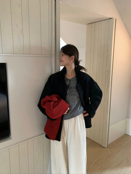 // 可雙面穿皮毛一體翻領中長外套