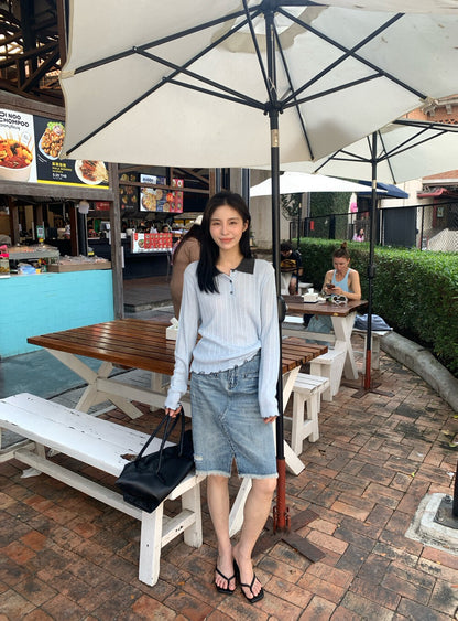 // 拼色領卷卷邊直紋鈕扣lyocell針織上衣