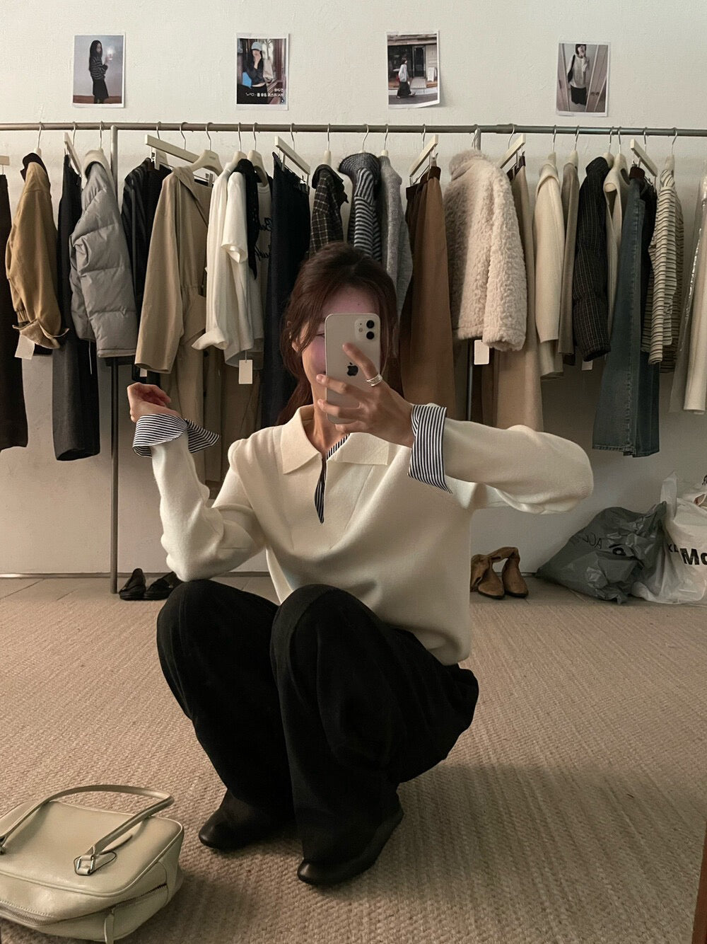 // 極簡風拼接間條恤衫假兩件翻領NT