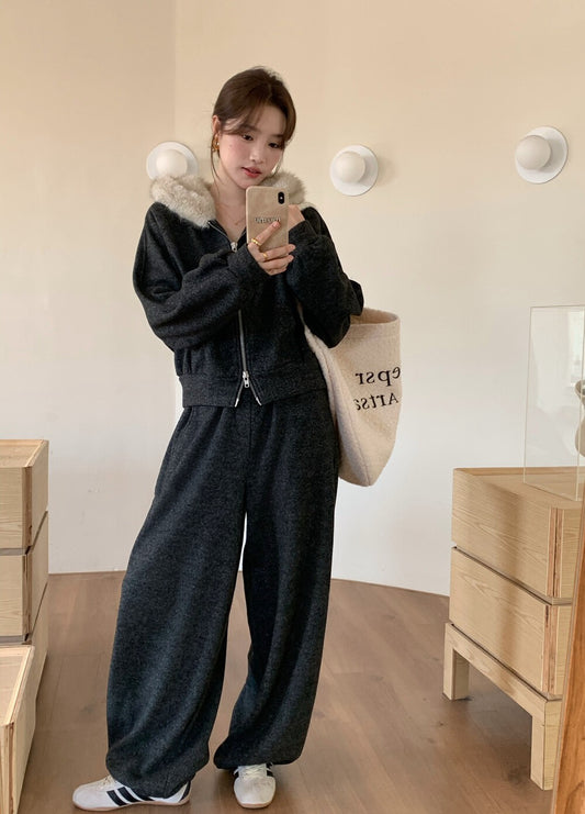 // 毛毛領衛衣外套+休閒褲套裝