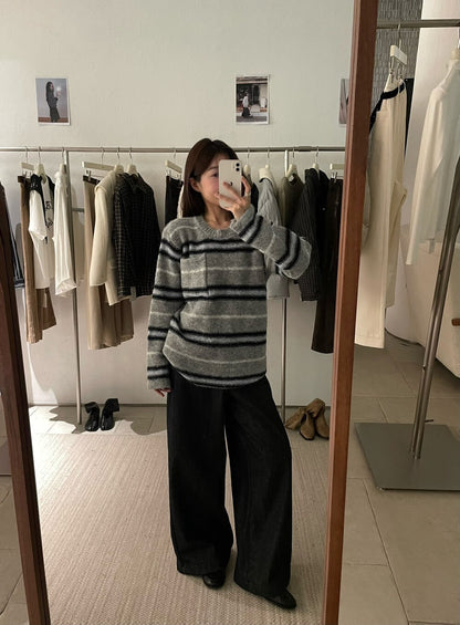 // 復古撞色間條口袋軟糯毛衣