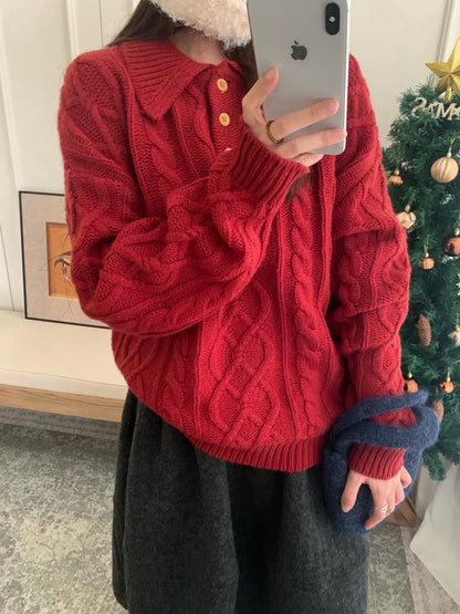 // 100%羊毛鈕扣翻領麻花毛衣