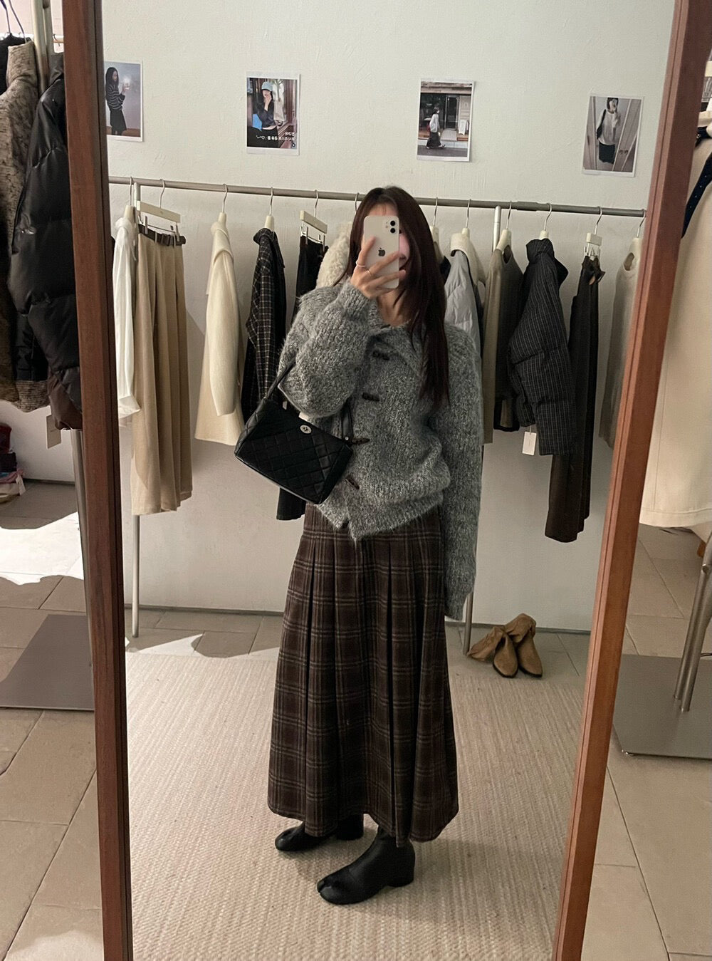 // 30%wool格紋壓褶毛呢中長裙(連腰帶)