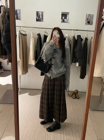 // 30%wool格紋壓褶毛呢中長裙(連腰帶)