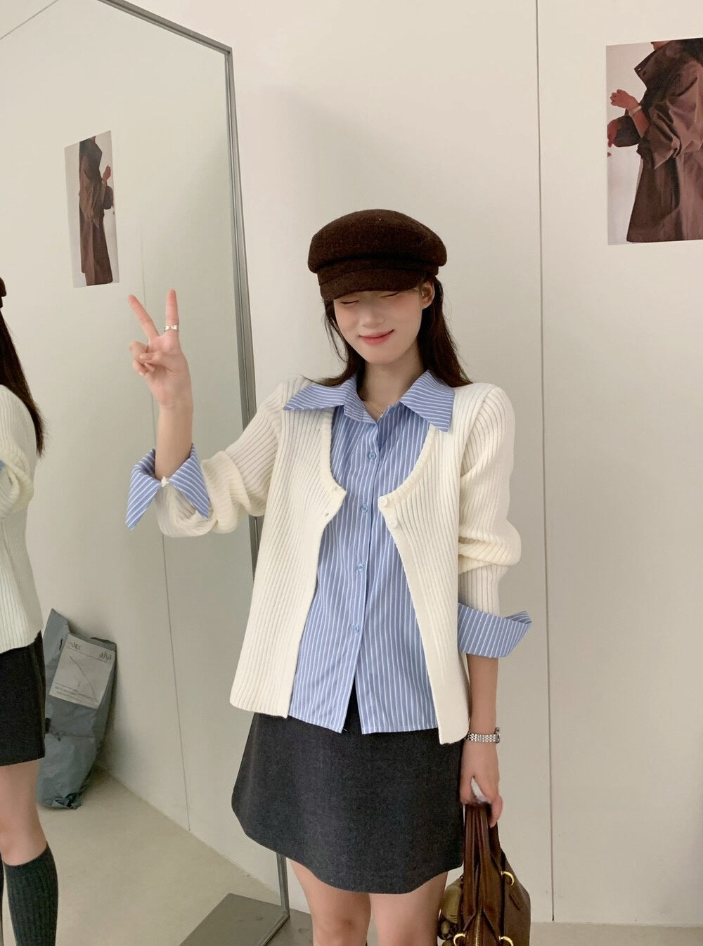 // 間條恤衫拼接針織外套假兩件上衣