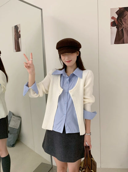 // 間條恤衫拼接針織外套假兩件上衣