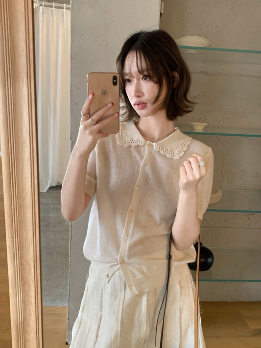 // 100%羊毛鈎針花邊翻領排扣短袖NT