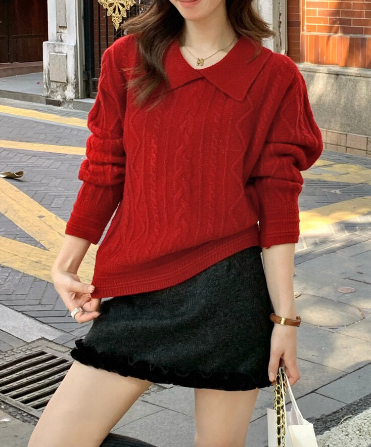 // 簡約麻花翻領毛衣