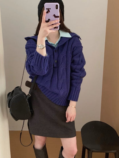 // 30%羊毛可立領鈕扣麻花毛衣